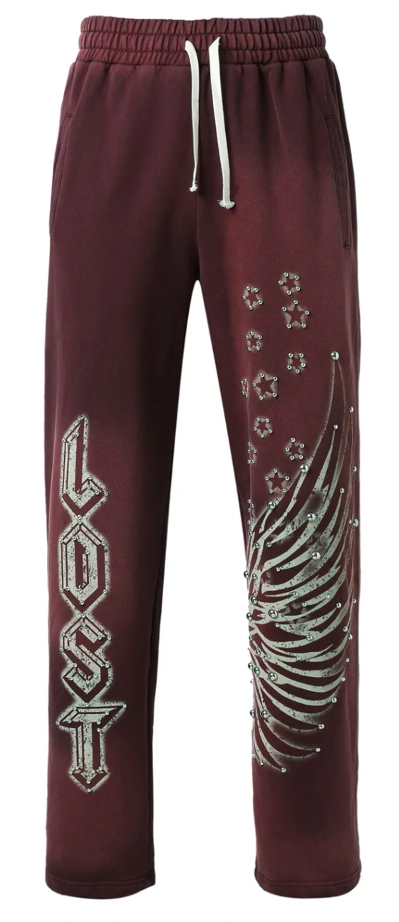 Lost Intricacy Burgundy Rhinestone Sweatpants