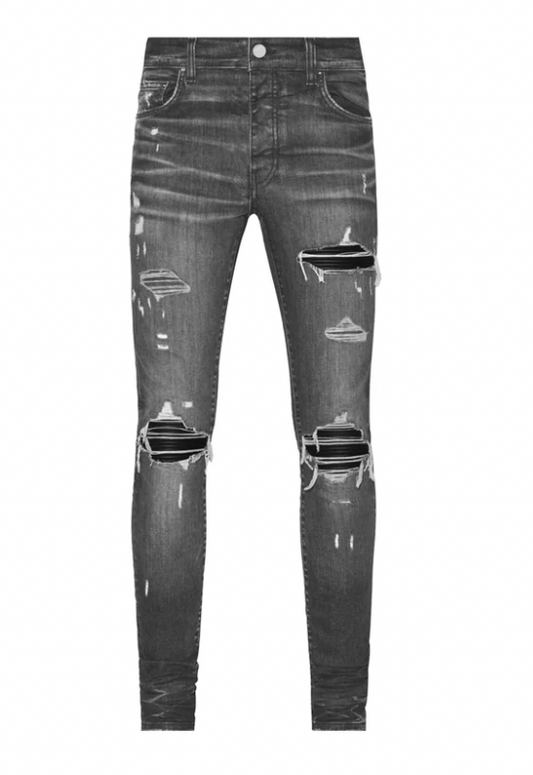 Amiri MX1 Black Leather Patch Jeans Grey