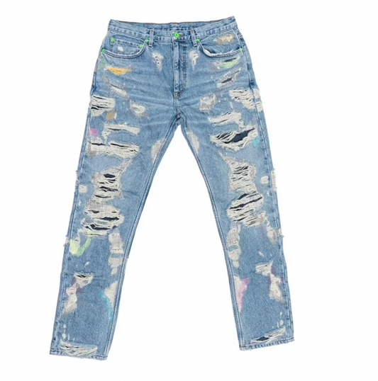 Vlone x Endless Embroidered and Distressed Denim Jeans Neon Green