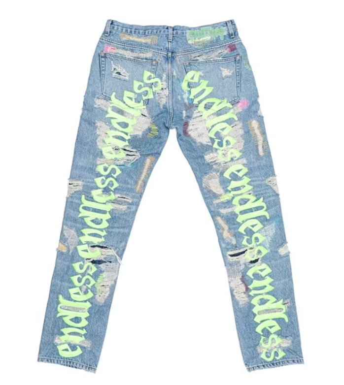 Vlone x Endless Embroidered and Distressed Denim Jeans Neon Green