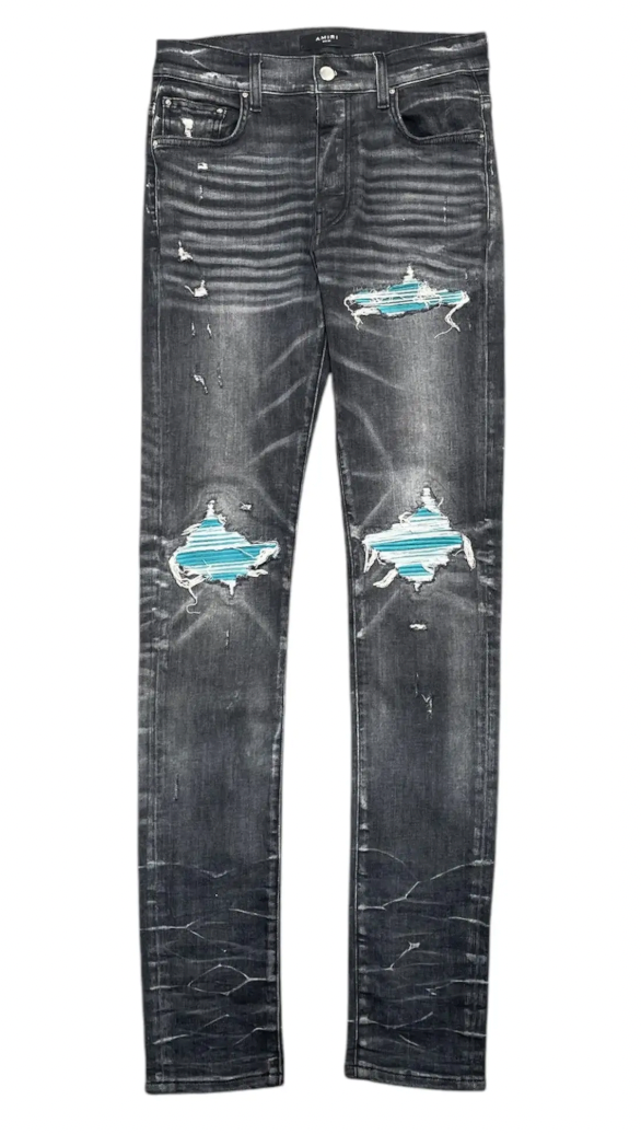 Amiri MX1 Teal Suede Patch Jeans Storm Grey
