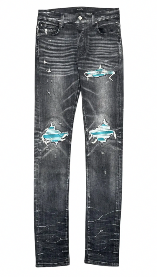 Amiri MX1 Teal Suede Patch Jeans Storm Grey