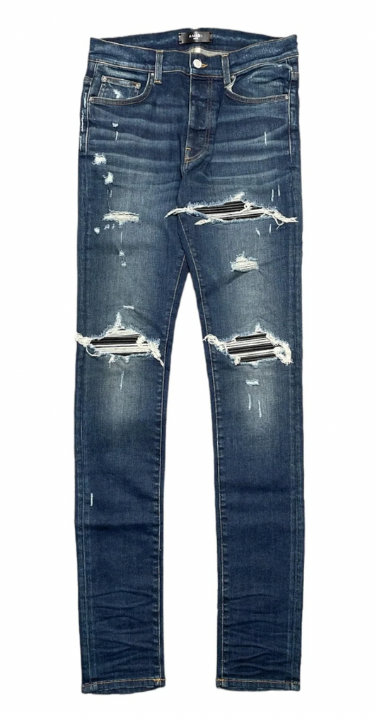Amiri MX1 Black Leather Patch Jeans Deep Classic Indigo