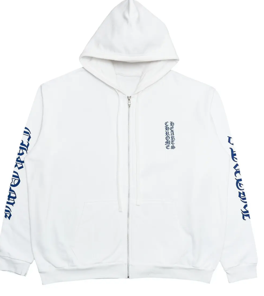 Chrome Hearts Vertical Logo Zip Up Hoodie White Blue