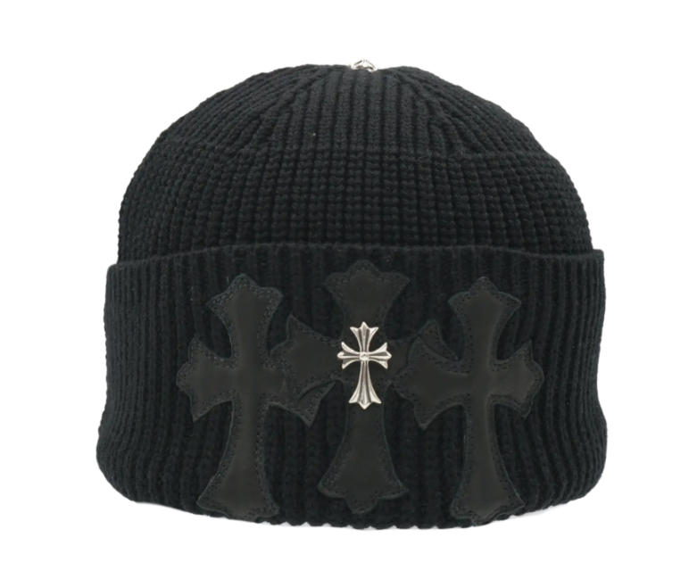 Chrome Hearts Triple Leather Cross With Silver Cross Beanie