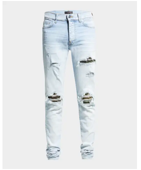 Amiri MX1 Destroyed Camo Insert Jeans Light Indigo