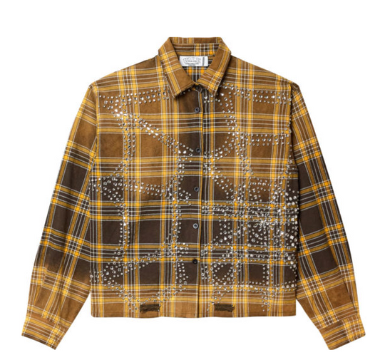 Vale Forever Brown Spiderweb Studded Flannel Shirt Yellow