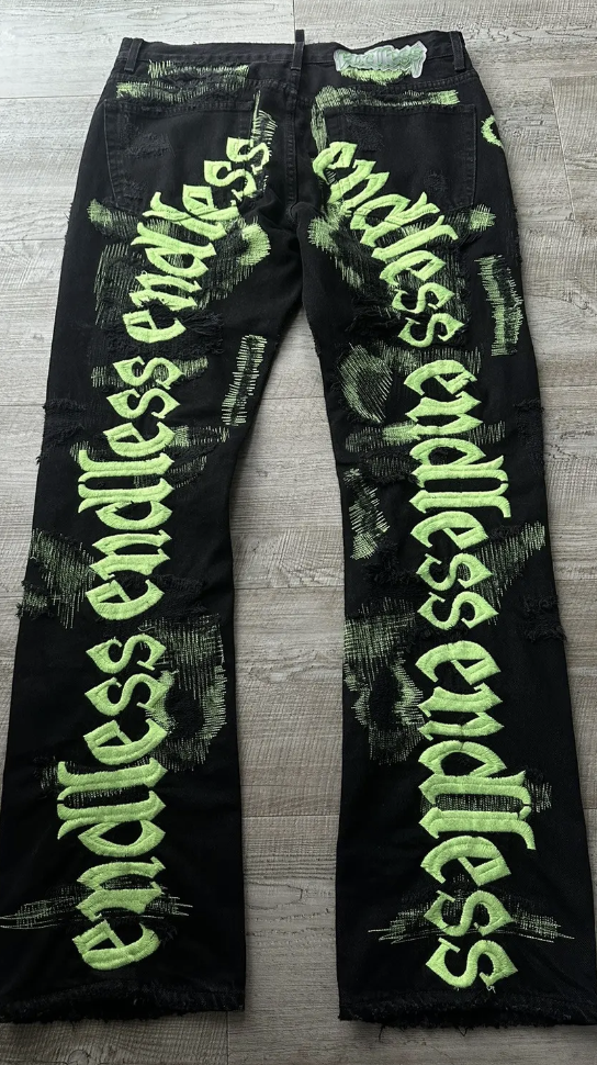 Endless Embroidered Distressed Denim Jeans Black Green