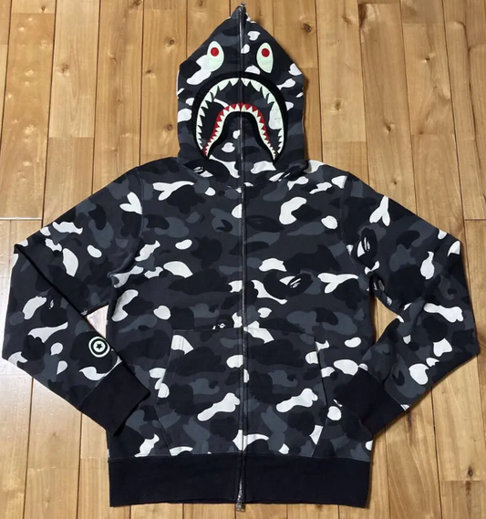 BAPE City Camo Glow In The Dark Tiger Shark Full Zip Hoodie Black