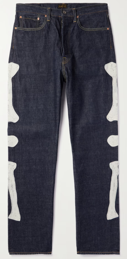 Kapital Skeleton Bones Okagilly Slim-Fit Crochet-Trimmed Jeans Raw Indigo