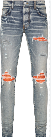 Amiri MX1 Orange Cracked Paint Jeans Clay Indigo
