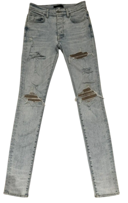 Amiri MX1 Brown Ultra Suede Patch Repair Jeans Concrete Grey