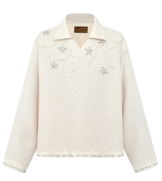 Birth Of Royal Child Diamond Embellished Floral Knit Top White