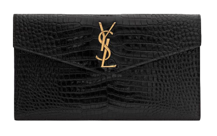 YSL Uptown Pouch In Crocodile-Embossed Shiny Leather