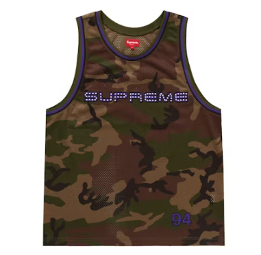 Supreme Rhinestone Basketball Jersey Woodland Camo