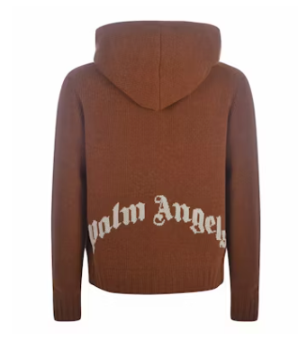Palm Angels Curved Logo Zip Knit Hoodie Brown/White