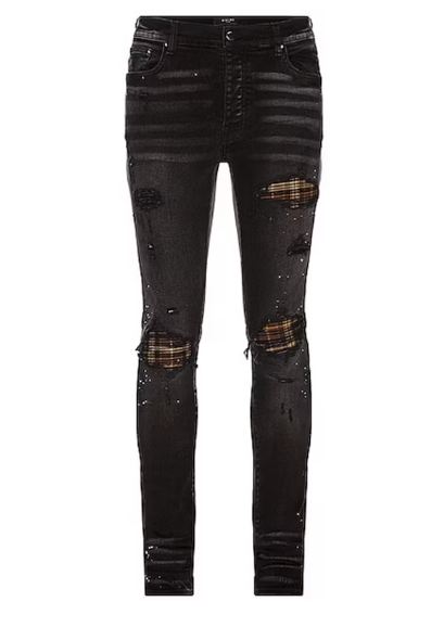 Amiri MX1 Brown Plaid Patch Jeans Black