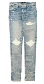 Amiri MX1 White Cracked Leather Patch Jeans Clay Indigo