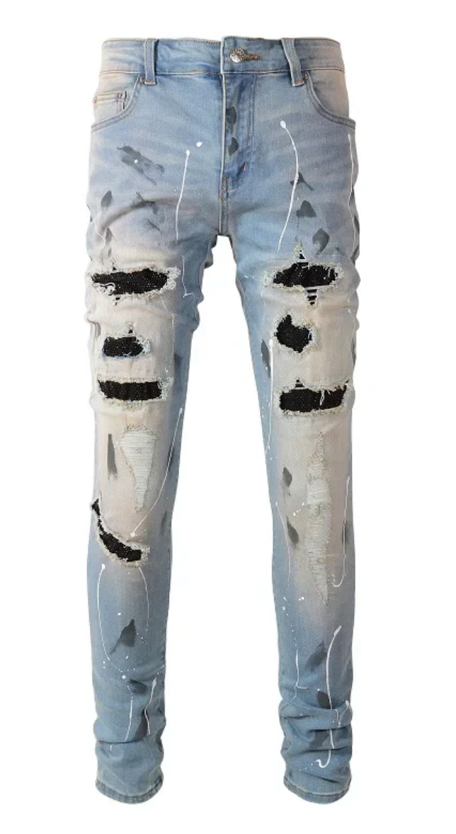 Amiri Blue Black Crystal Patchwork Paint Splatter Jeans