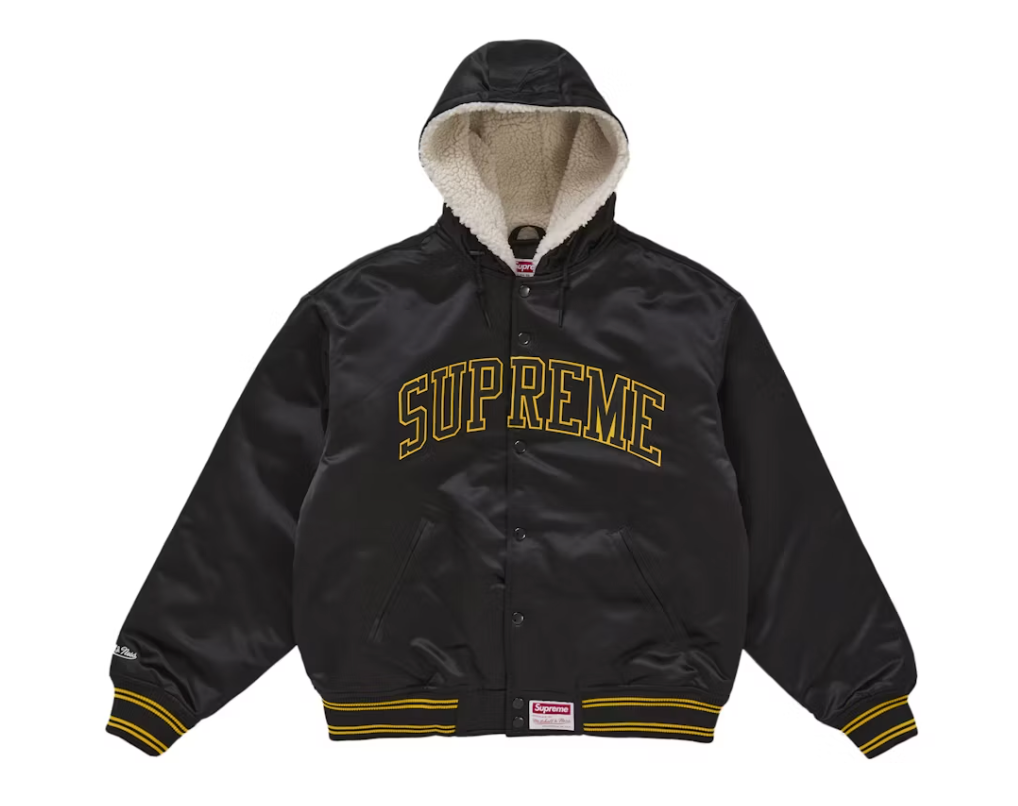 Supreme Mitchell & Ness Lined Hooded Satin Varsity Jacket Black