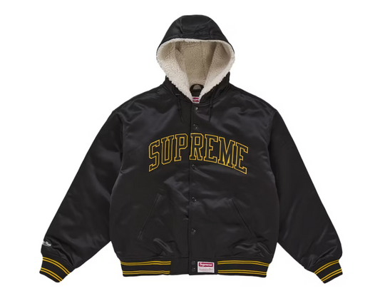 Supreme Mitchell & Ness Lined Hooded Satin Varsity Jacket Black