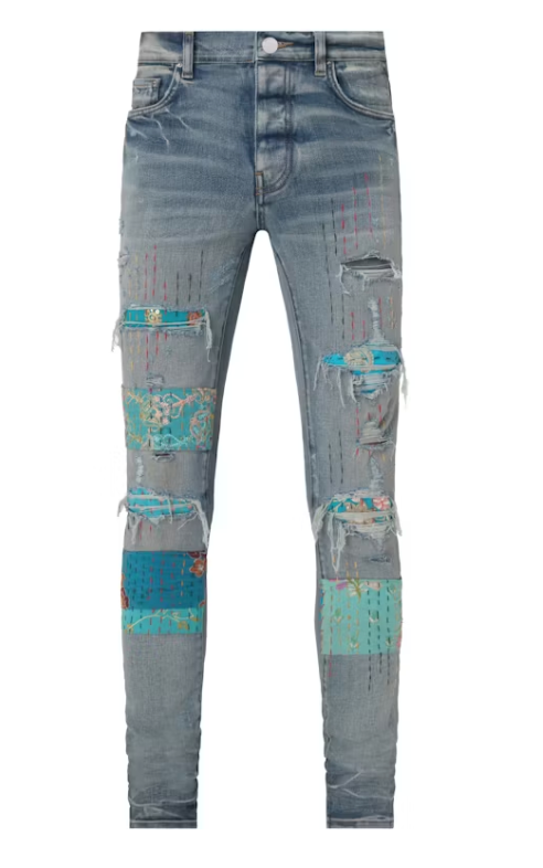 AMIRI Vintage Quilt Art Patch Skinny Jean Clay Indigo