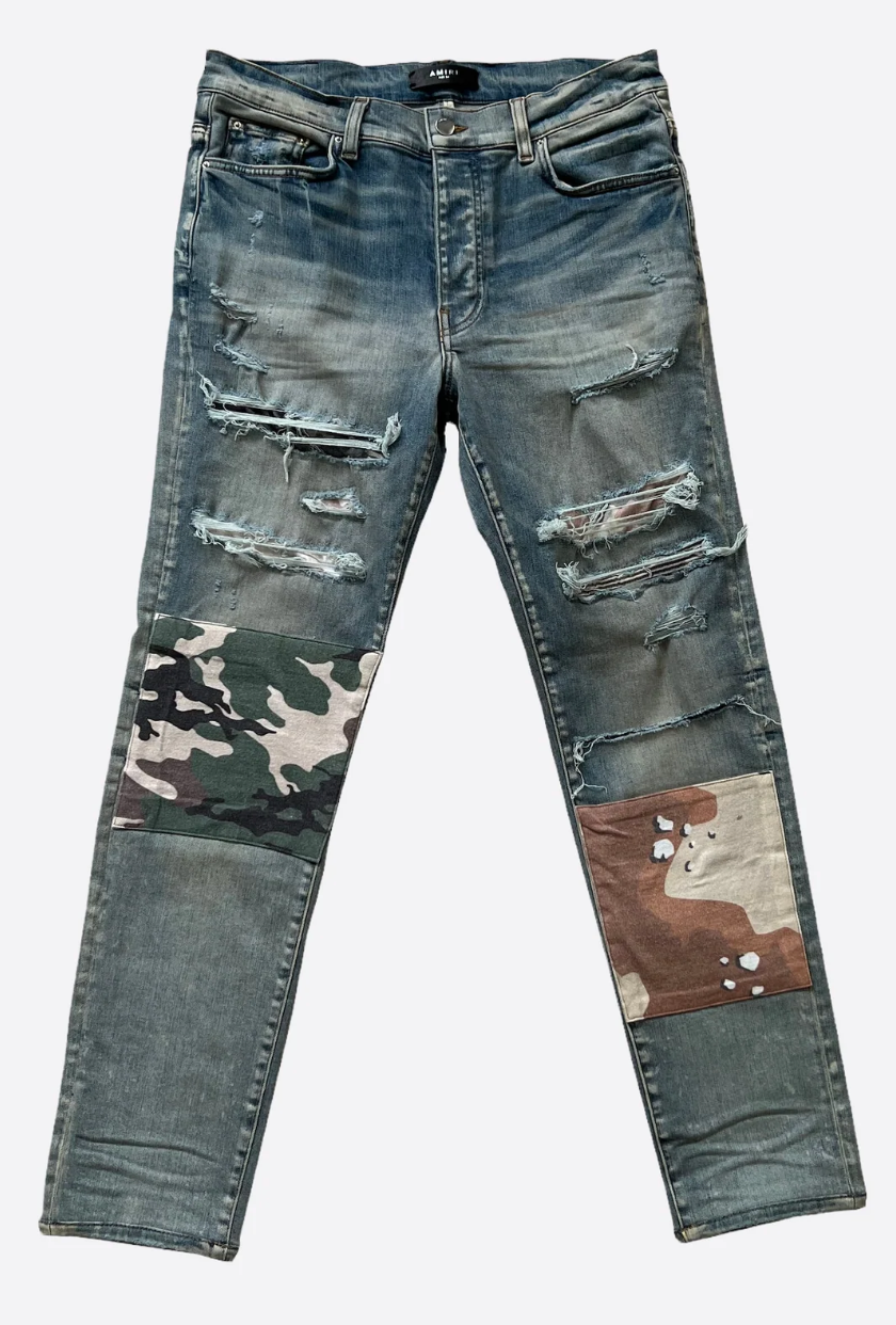 Amiri Military Camo Patch Jeans Clay Indigo