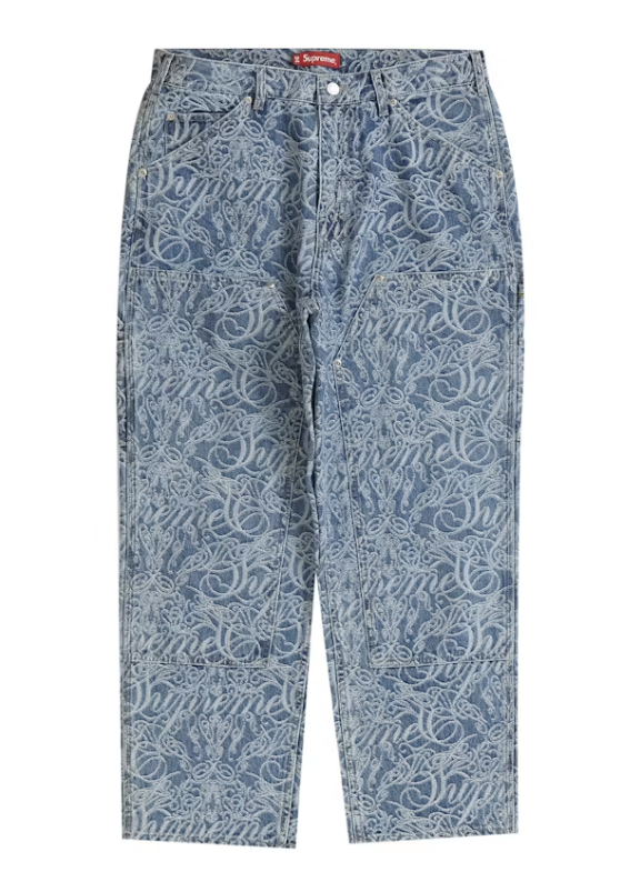 Supreme Script Jacquard Double Knee Denim Painter Pant Washed Blue