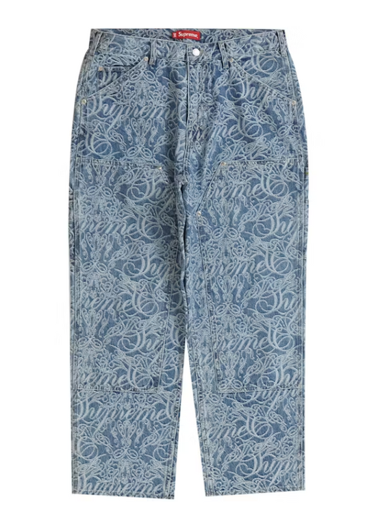 Supreme Script Jacquard Double Knee Denim Painter Pant Washed Blue