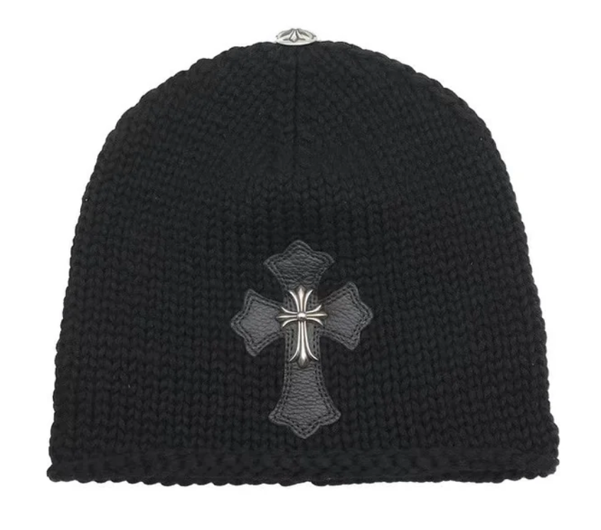 Chrome Hearts Knit Leather Patch Silver Cross Beanie