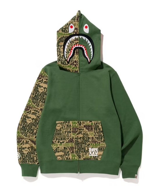 BAPE XXV Cities Camo Shark Full Zip Hoodie (FW18) Green