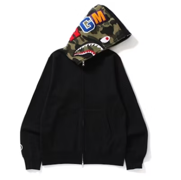 BAPE Shark Full Zip Hoodie Camo Hood Black