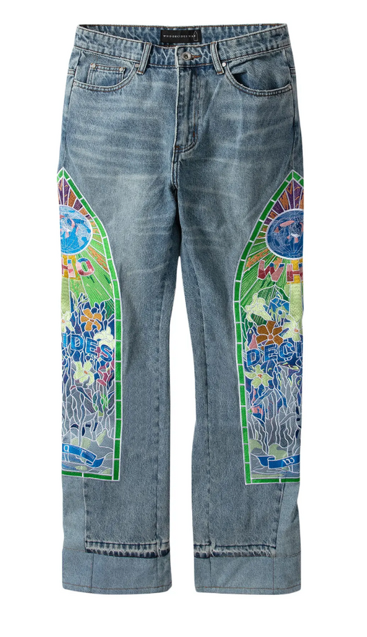 Who Decides War Cowboy Embroidered Denim Sky