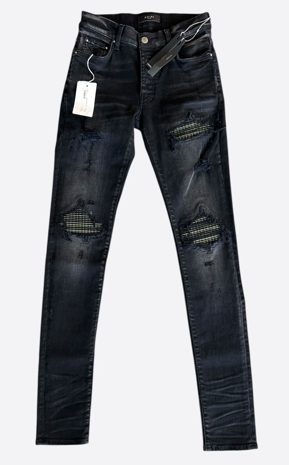 Amiri MX1 Green Plaid Patch Jeans Faded Black