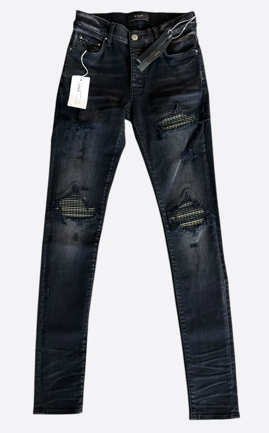 Amiri MX1 Green Plaid Patch Jeans Faded Black