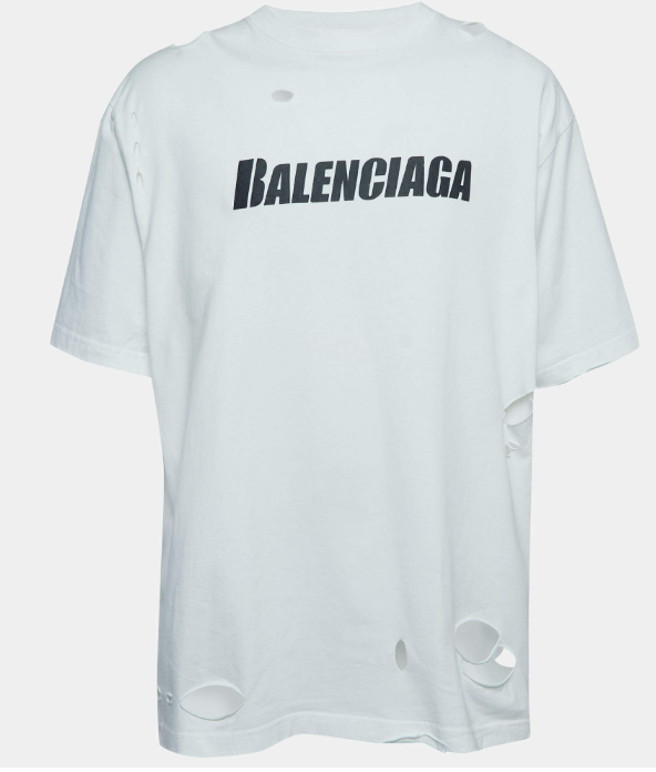 Balenciaga White Ripped Distressed Logo Print T-Shirt