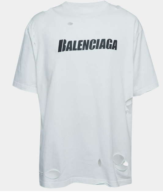 Balenciaga White Ripped Distressed Logo Print T-Shirt