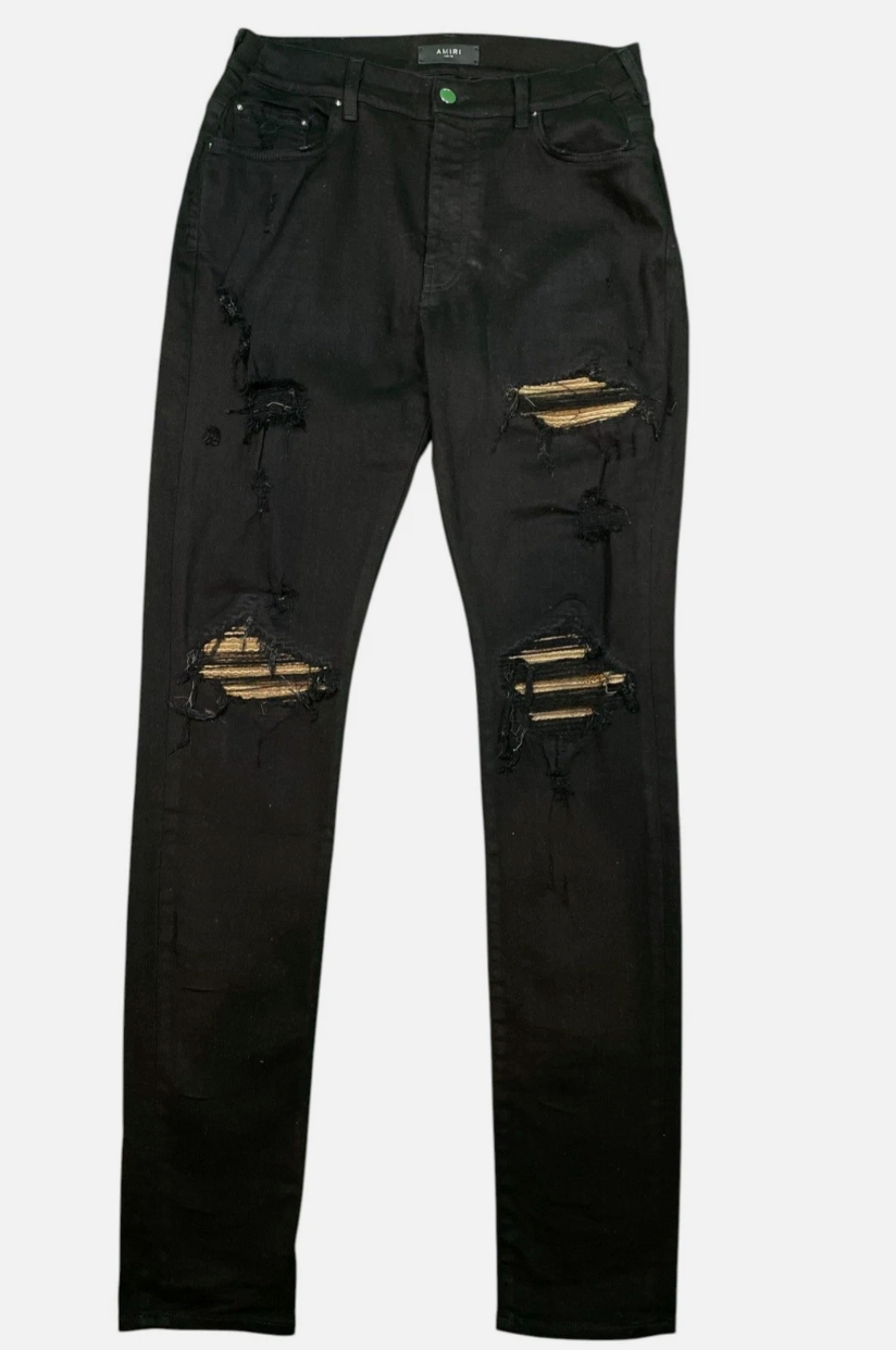Amiri MX1 Gold Leather Patch Jeans Black