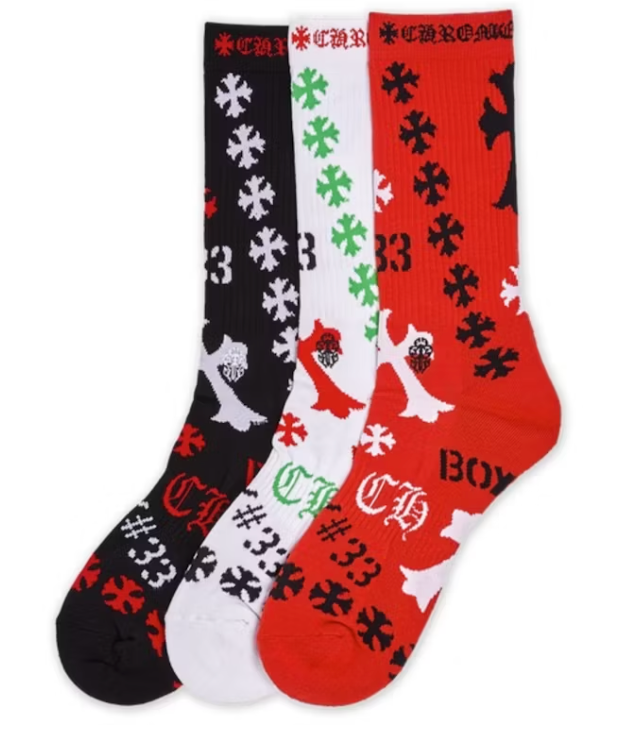Chrome Hearts Stencil Socks (3 pack) Black/White/Red