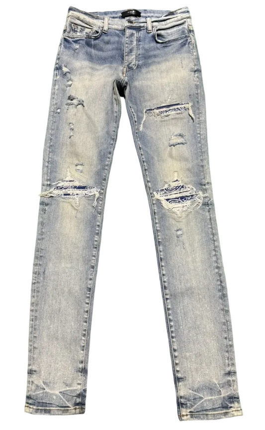 Amiri MX1 Blue Bandana Leather Patch Jeans Clay Indigo