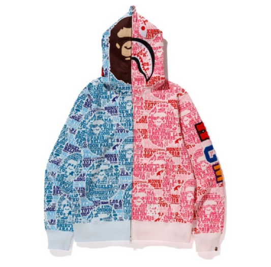 Bape XXV Cities Camo 2nd Ape Shark Half Full Zip Hoodie Blue/Pink