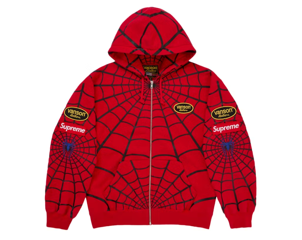 Supreme Vanson Leathers Spider-Man Zip Up Hooded Sweatshirt Red
