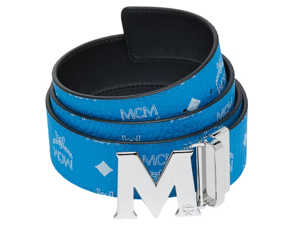 MCM M Reversible Belt White Visetos Silver 1.75" T Blue