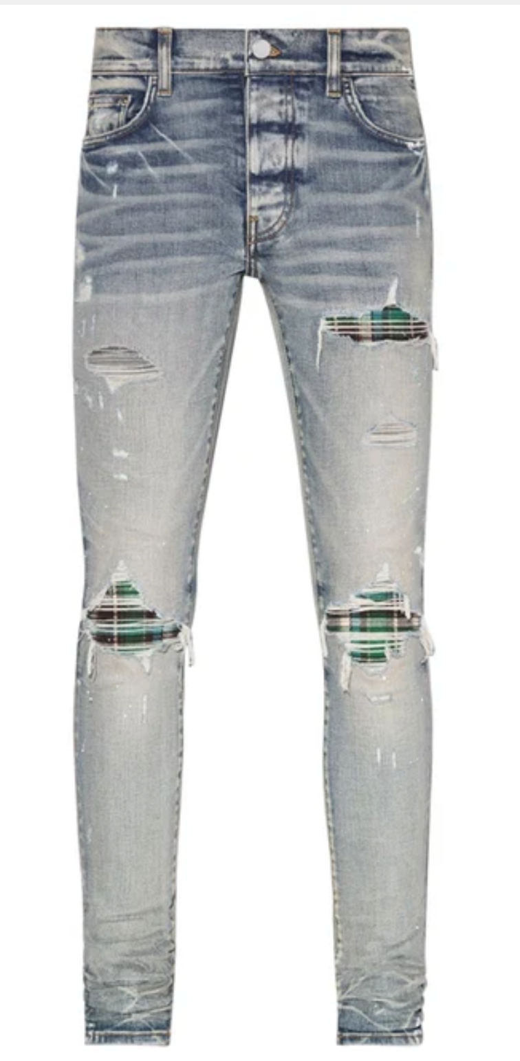 Amiri MX1 Green Plaid Clay Indigo Jeans