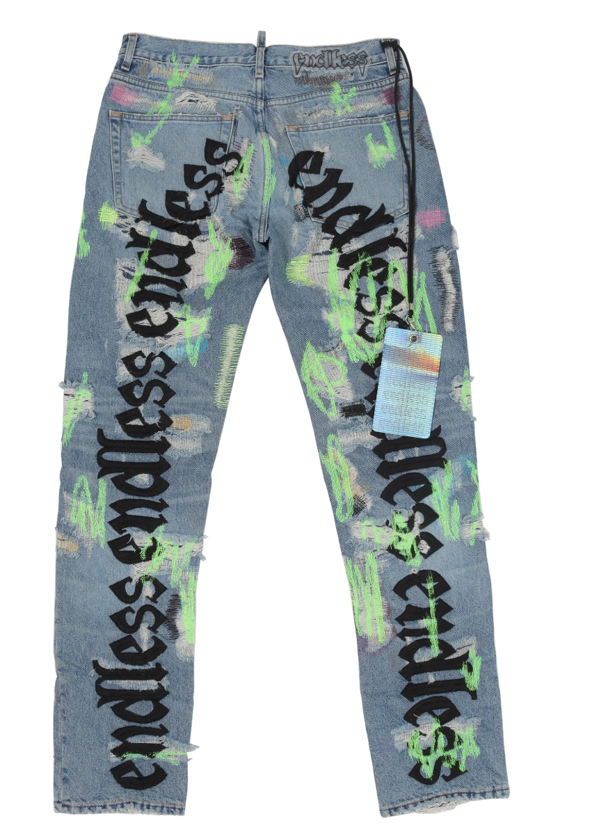 Vlone x Endless Embroidered and Distressed Denim Jeans Neon Green Black