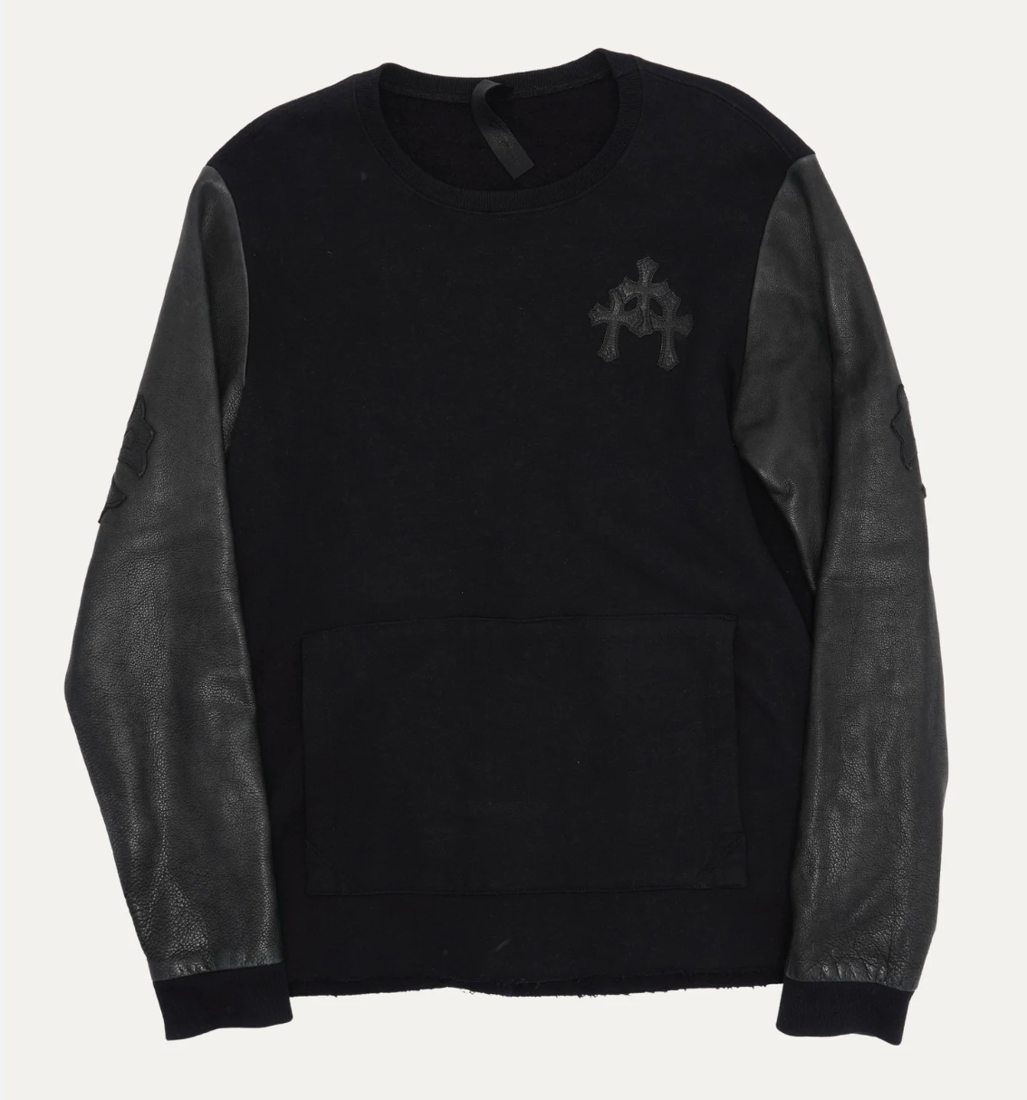 Chrome Hearts Leather Contrast Triple Cross Patch Leather Sleeve Crewneck Black