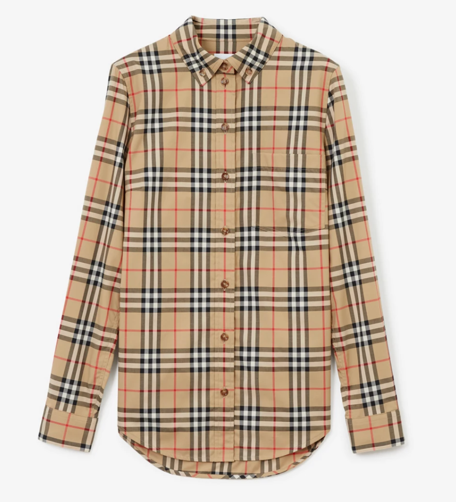 Burberry Check Stretch Up Polo Cotton Shirt Button Archive Beige