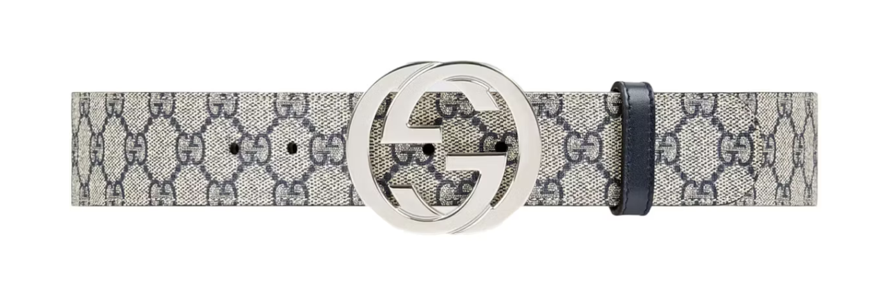 Gucci Interlocking G Palladium Buckle Belt GG Supreme 1.5"W Beige/Blue