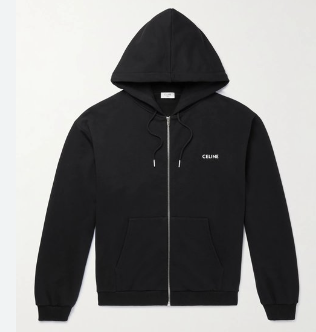 Celine Logo Printed Zip Up Hoodie Black