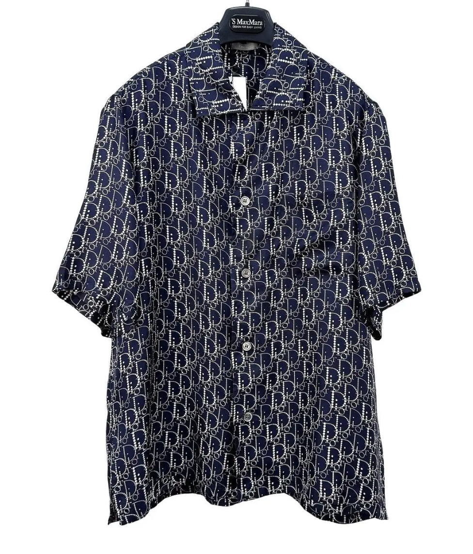 Dior Oblique Logo Print Silk Button Up Shirt Blue Grey